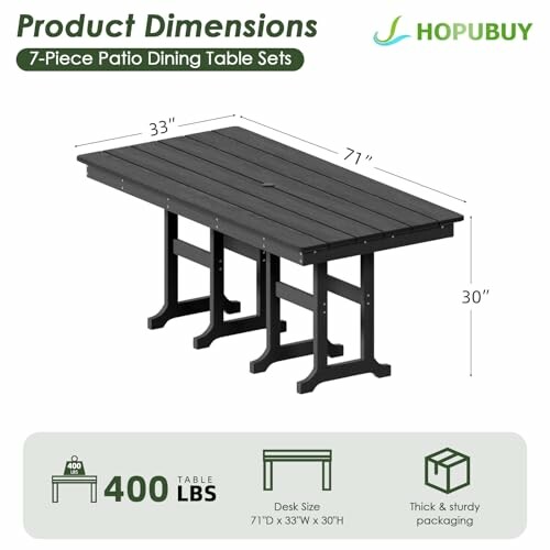Dimensions of a 7-piece patio dining table set by Hopubuy, showing measurements and weight capacity.