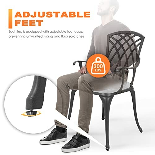 Man sitting on a chair with adjustable feet and a 300 lbs weight capacity.
