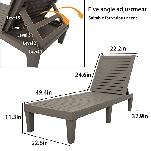 Adjustable lounge chair with dimensions and five angle positions.