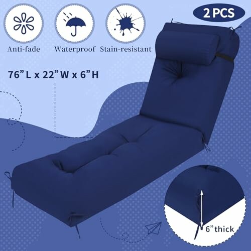 Blue chaise lounge cushion set with features: anti-fade, waterproof, stain-resistant, 76x22x6 inches.