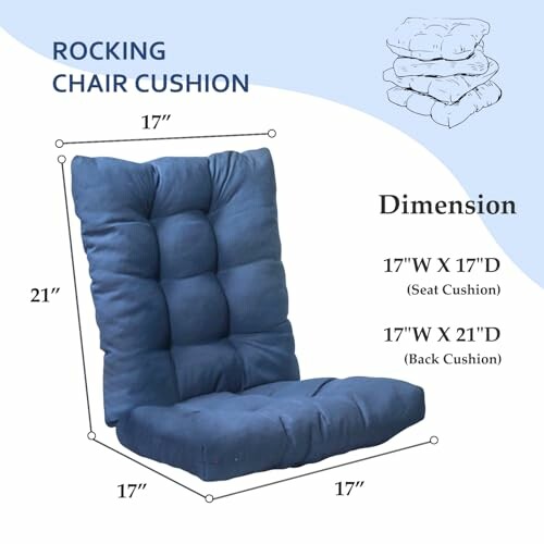 Blue rocking chair cushion with dimensions labeled