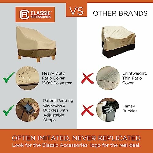Comparison of Classic Accessories patio cover versus other brands highlighting material quality and features.
