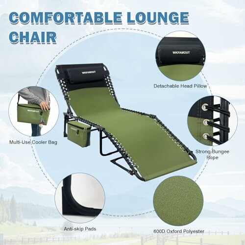 Green lounge chair with detachable head pillow, cooler bag, and anti-skip pads.