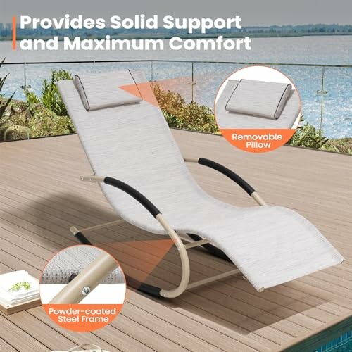 Outdoor lounge chair with removable pillow and steel frame on a deck.