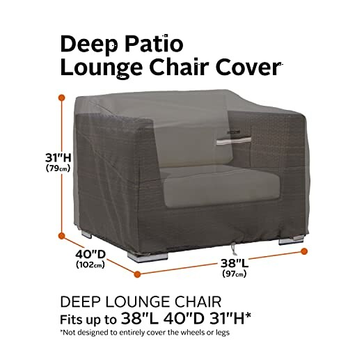 Deep patio lounge chair cover with dimensions and fit details.