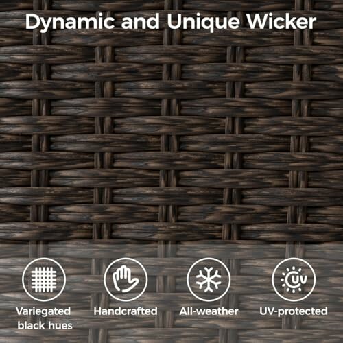 Close-up of wicker pattern with text and icons highlighting features.