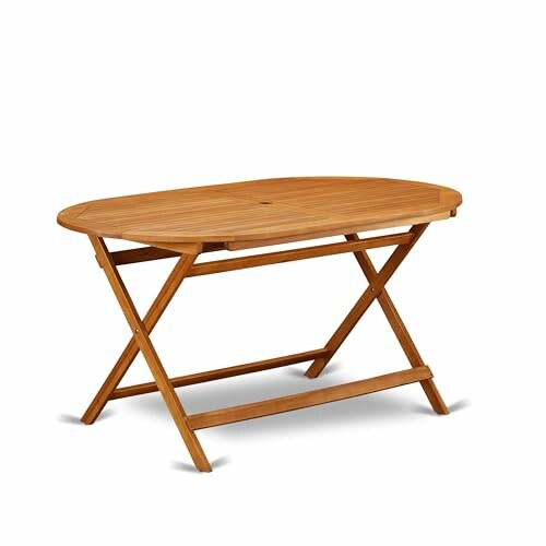 Foldable wooden table with oval top and crossed legs.