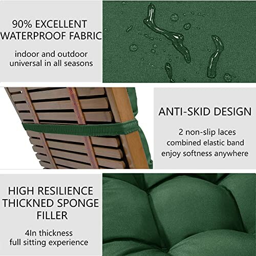 Green cushion showcasing waterproof fabric, anti-skid design, and thickened sponge filler.