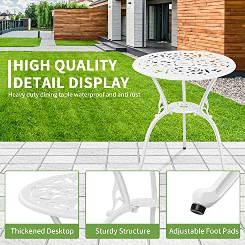 High-quality patio table with detailed display of thickened desktop, sturdy structure, and adjustable foot pads.