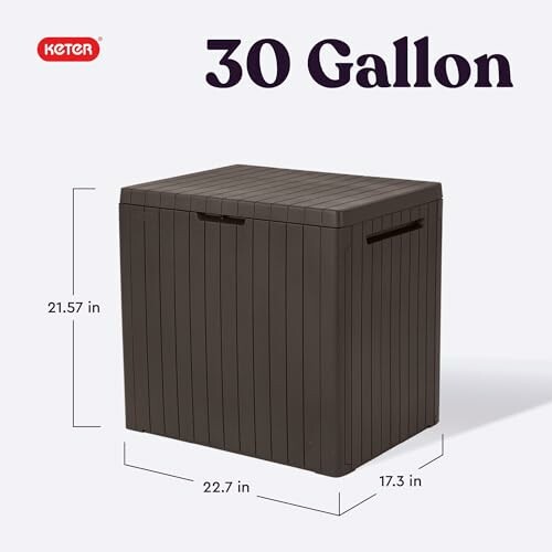 Keter 30 gallon deck box in brown with dimensions.