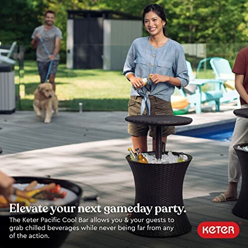People enjoying a backyard party with Keter Pacific Cool Bar.