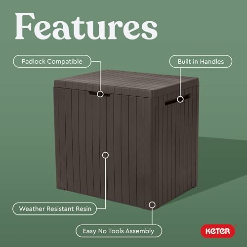 Keter storage box with features like padlock compatibility, built-in handles, weather-resistant resin, and easy no-tools assembly.