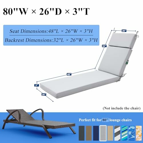 Lounge chair cushion with dimensions and color options.