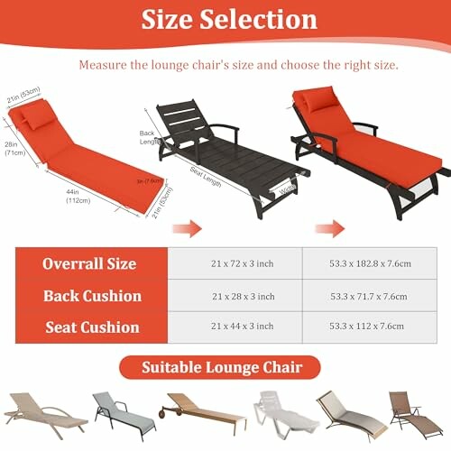 Guide for selecting lounge chair size with dimensions and images.