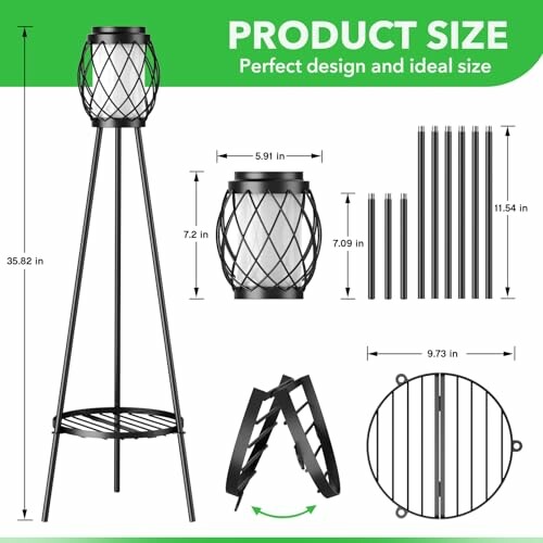 Metal lantern with dimensions and assembly parts shown.
