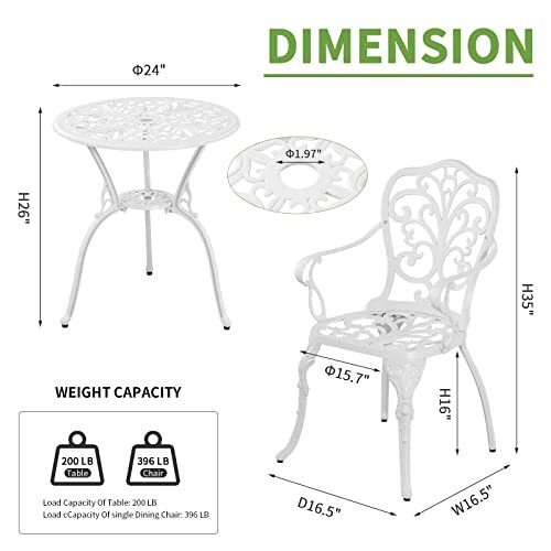 Dimensions and weight capacity of a metal patio table and chair set.