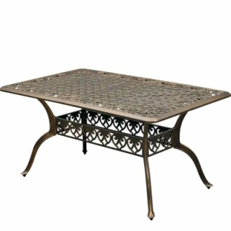 Rectangular metal patio table with ornate design.