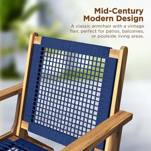 Mid-century modern design armchair with wooden frame and blue woven seat.