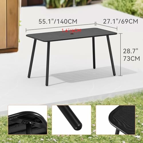 Modern black outdoor table with dimensions.
