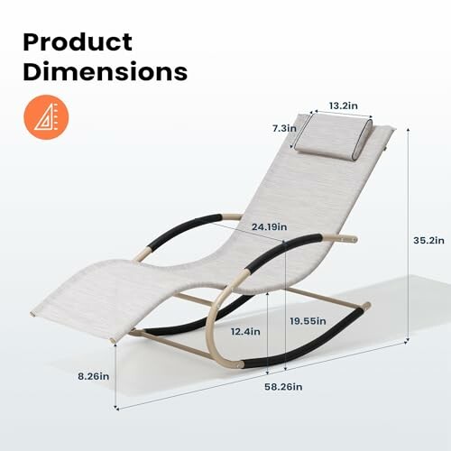 Dimensions of a modern lounge chair with headrest and curved design.