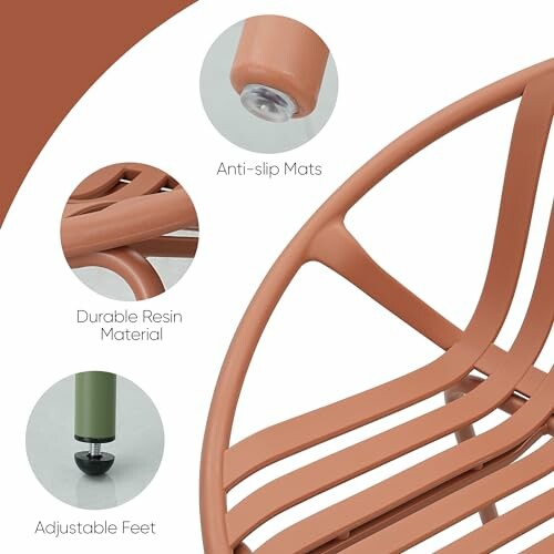 Close-up of a modern resin chair highlighting anti-slip mats, durable resin material, and adjustable feet.