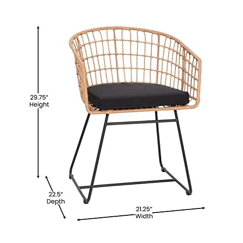 Modern wicker accent chair with black cushion and metal frame, dimensions labeled.