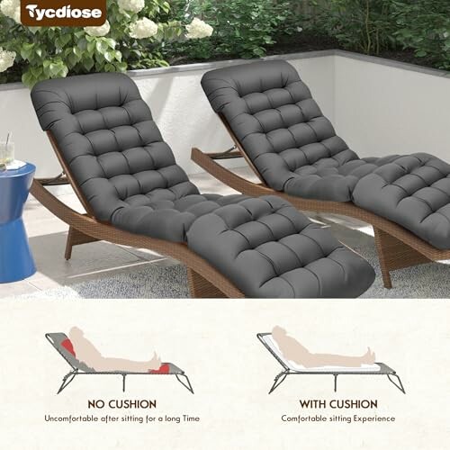 Two chaise lounges with plush gray cushions on a patio.