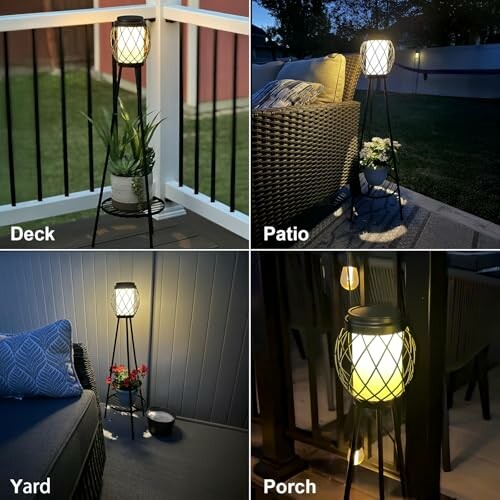 Collage of outdoor lamp setups on deck, patio, yard, and porch.