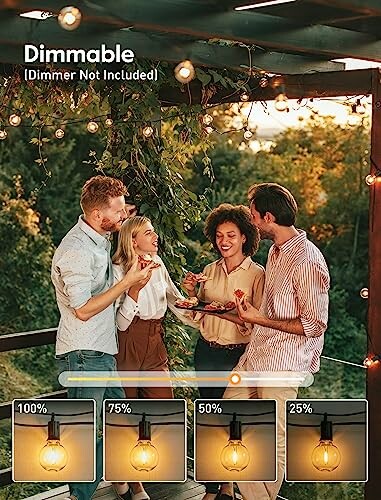 Group of people enjoying an outdoor party under string lights.