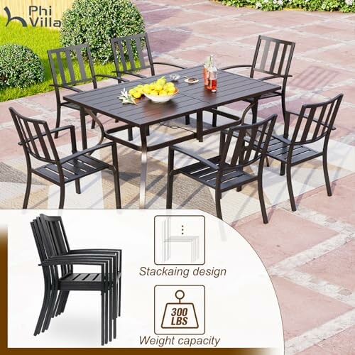 Outdoor patio dining set with six chairs and table on paved ground.