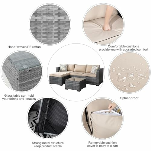 Features of a grey outdoor patio furniture set with cushions and glass table.