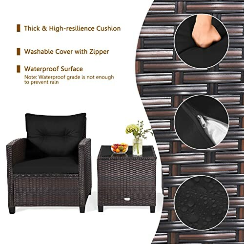 Wicker patio chair and table with dimensions labeled