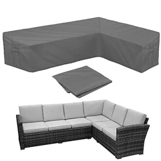 Gray cover for L-shaped outdoor sectional sofa with cushions.