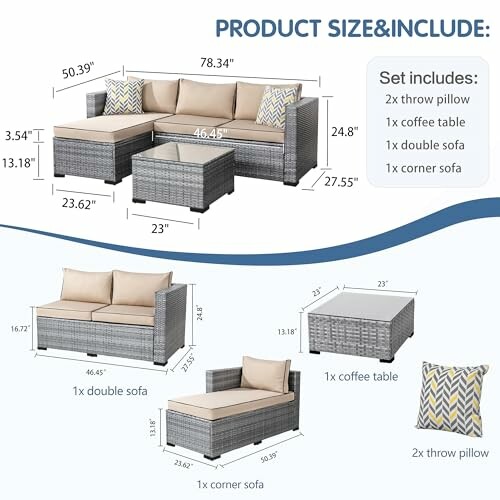 Diagram of outdoor sectional sofa set with dimensions and included items.