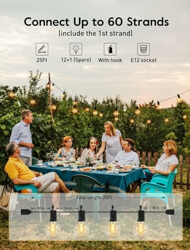 Family gathering with outdoor string lights and dining setup.