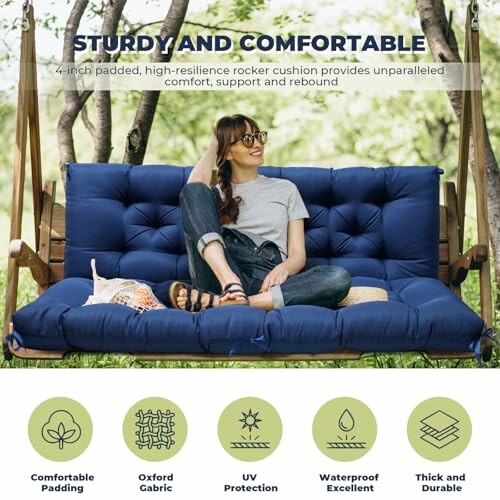 Woman sitting on a blue cushioned outdoor swing with comfort features highlighted.