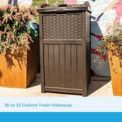Outdoor trash bin with wicker design between two planters.