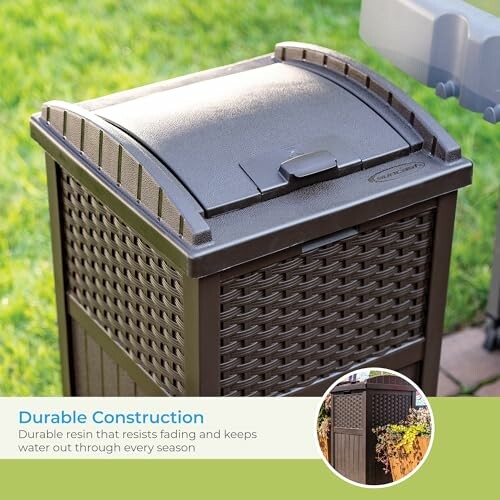 Outdoor trash can with durable resin construction and fade resistance.