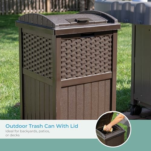 Brown outdoor trash can with lid for backyards, patios, or decks.