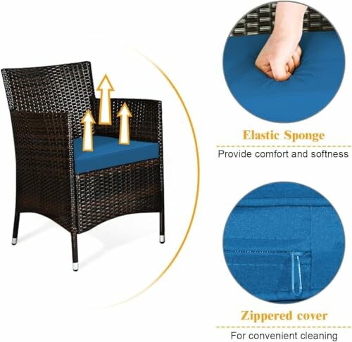 Wicker patio chair with blue cushion, highlighting elastic sponge and zippered cover.