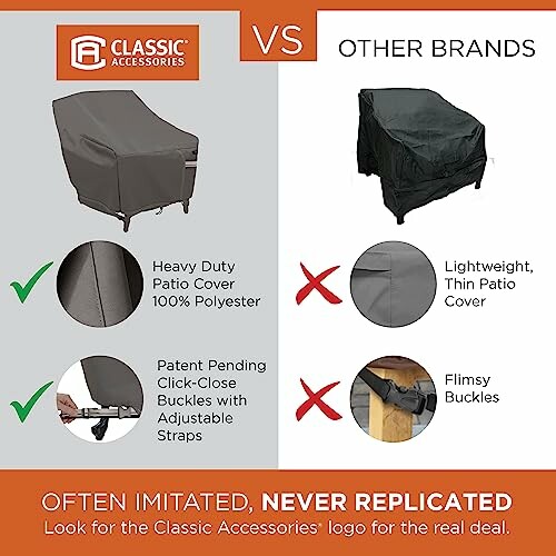 Comparison of Classic Accessories patio cover with other brands highlighting material and buckle quality.
