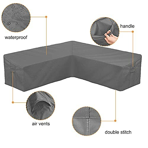 Gray waterproof L-shaped patio furniture cover with handle, air vents, and double stitching.