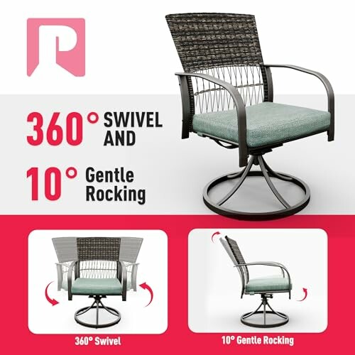 Patio chair with 360-degree swivel and 10-degree rocking features.