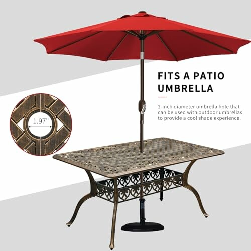 Patio table with red umbrella and umbrella hole detail.