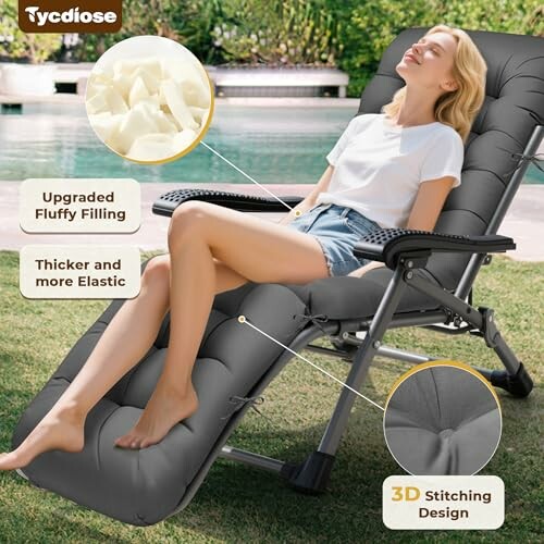 Woman relaxing on a reclining chair by the pool.