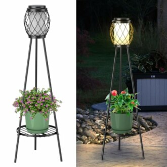 Solar garden lantern with plant stand, day and night view.
