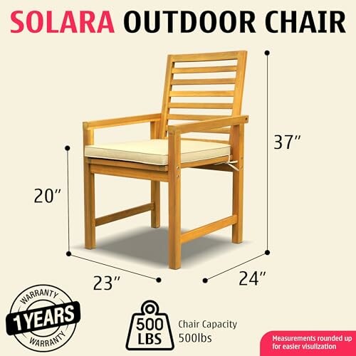 Solara outdoor chair with dimensions and warranty details.
