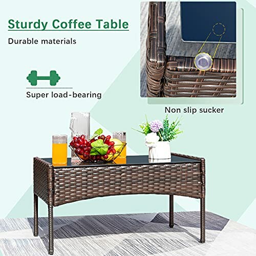 Rattan coffee table with drinks and fruits, showcasing durable materials and non-slip feature.