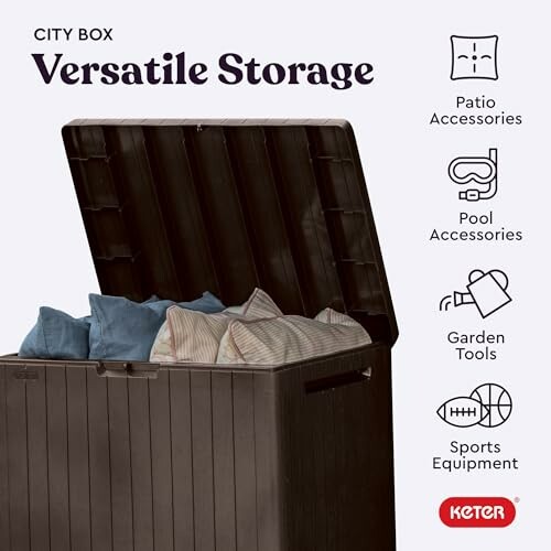 Open storage box with pillows, icons showing uses for patio, pool, garden, and sports.