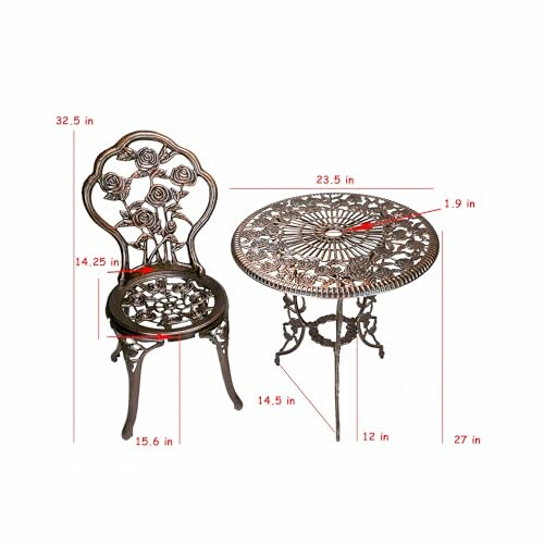 Vintage metal bistro set with ornate chair and round table, dimensions labeled.